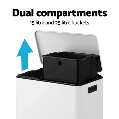 Cefito Pedal Bins Rubbish Bin Dual Compartment Waste Recycle Dustbins 40L White - Mekamart Australia