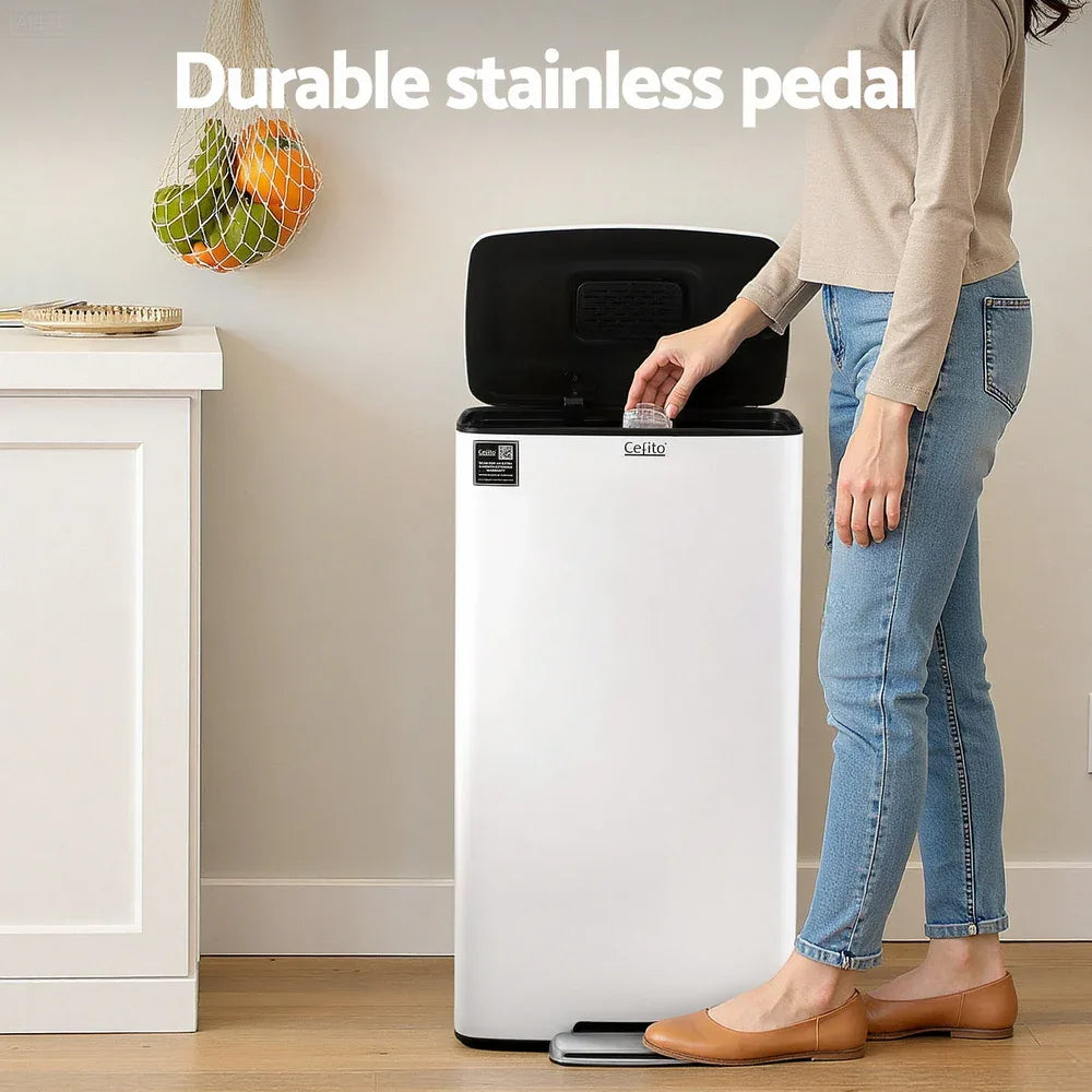 Cefito Pedal Bins Rubbish Bin Waste Recycle Dustbins Kitchen Trash Can 40L White - Mekamart Australia