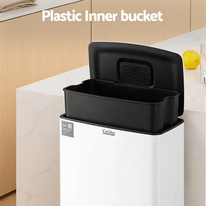 Cefito Pedal Bins Rubbish Bin Waste Recycle Dustbins Kitchen Trash Can 40L White - Mekamart Australia