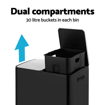 Cefito Pedal Bins Rubbish Bin Dual Compartment Waste Recycle Dustbins 60L Black - Mekamart Australia