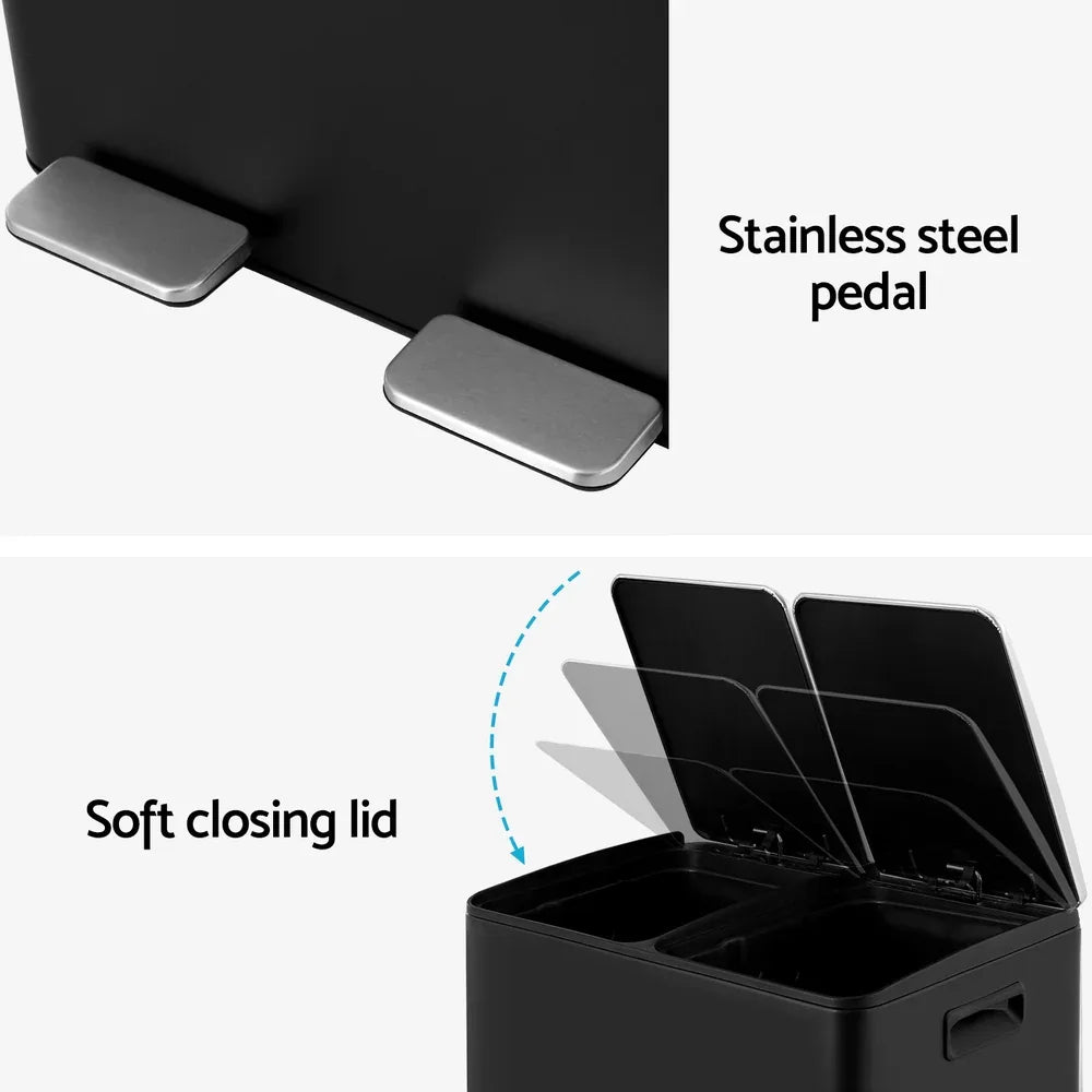 Cefito Pedal Bins Rubbish Bin Dual Compartment Waste Recycle Dustbins 60L Black - Mekamart Australia
