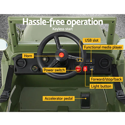 Rigo Kids Electric Ride On Car Jeep Military Off Road Toy Cars Remote 12V Olive - Mekamart Australia