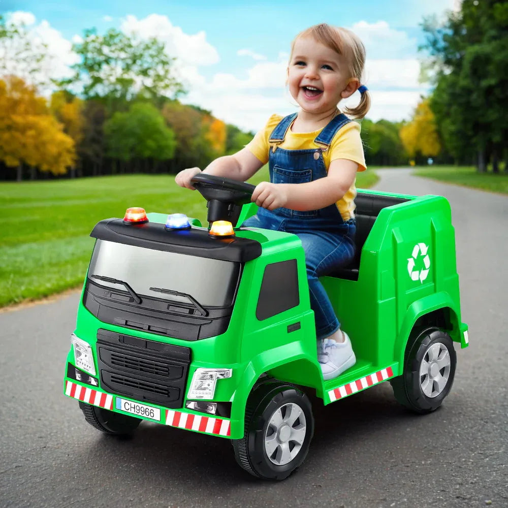 Rigo Kids Ride On Car Garbage Truck Police Light 12V Electric Toys Cars Green - Mekamart Australia