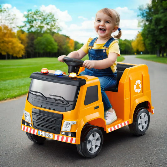 Rigo Kids Ride On Car Garbage Truck Police Light 12V Electric Toys Cars Yellow - Mekamart Australia