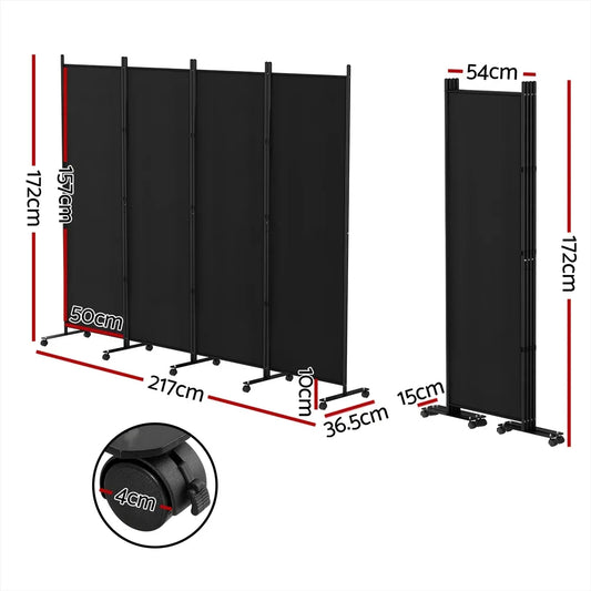 Artiss 4 Panel Room Divider Screen 217cm Wheel Fabric Black - Mekamart Australia
