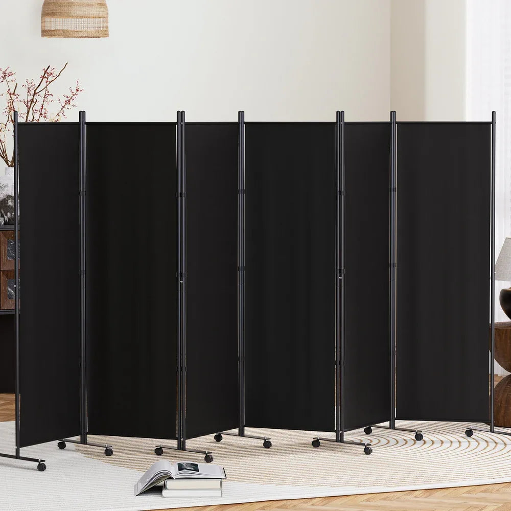 Artiss 6 Panel Room Divider Screen 323cm Wheel Fabric Black - Mekamart Australia