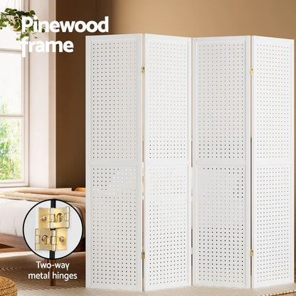 Artiss 4 Panel Room Divider Screen 164x170cm Pegboard White - Mekamart Australia
