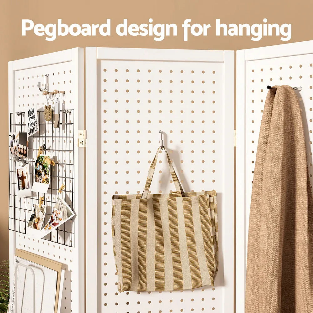 Artiss 4 Panel Room Divider Screen 164x170cm Pegboard White - Mekamart Australia