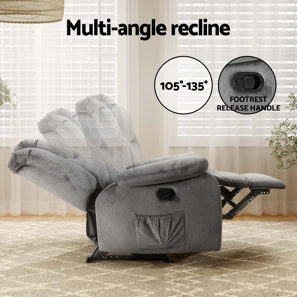 Artiss Recliner Chair Electric Massage Chair Velvet Lounge Sofa Heated Grey - Mekamart Australia