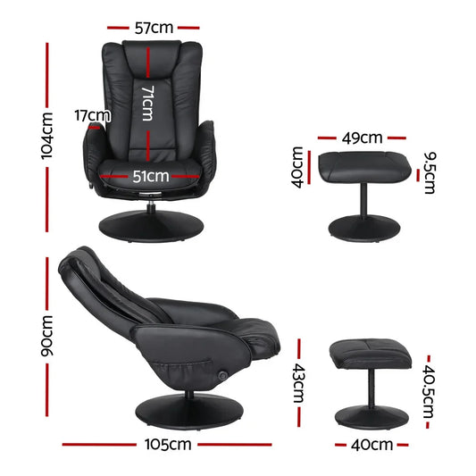 Artiss Recliner Chair Ottoman Heated Massage Black - Mekamart Australia