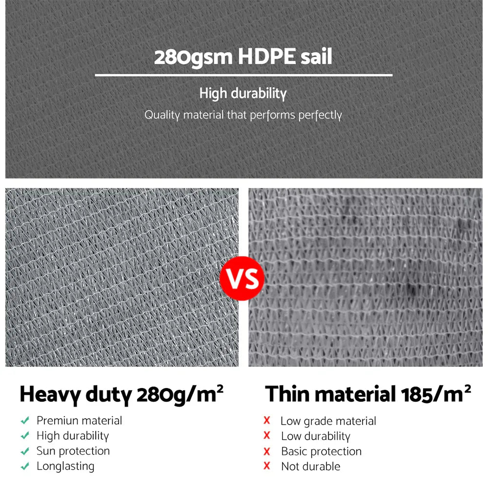 Instahut Shade Sail 6x6m Rectangle 280GSM 98% Grey Shade Cloth - Mekamart Australia