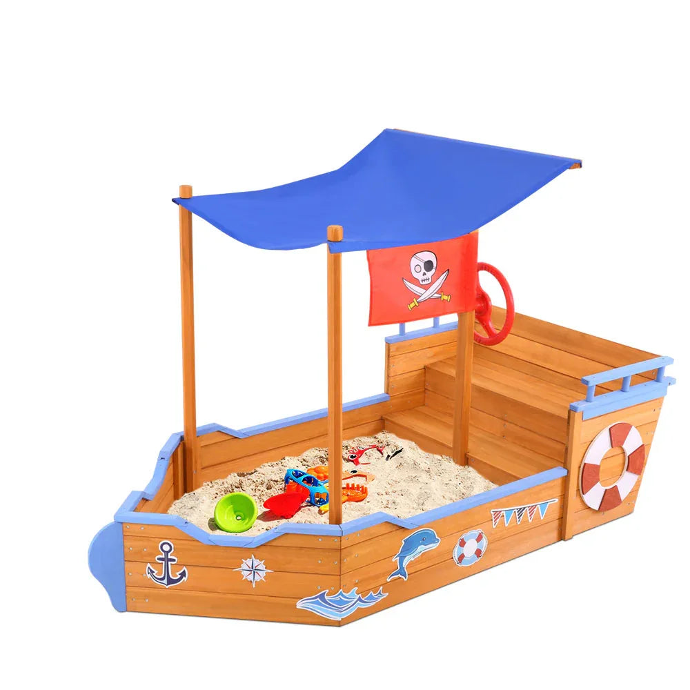 Keezi Kids Sandpit Wooden Boat Sand Pit with Canopy Bench Seat Beach Toys 165cm - Mekamart Australia