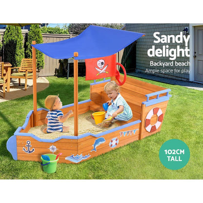 Keezi Kids Sandpit Wooden Boat Sand Pit with Canopy Bench Seat Beach Toys 165cm - Mekamart Australia