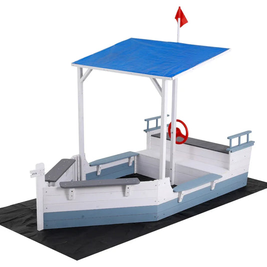 Keezi Kids Sandpit Wooden Box Boat Canopy Flag Outdoor Toys Children Blue - Mekamart Australia