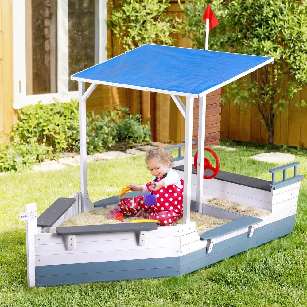 Keezi Kids Sandpit Wooden Box Boat Canopy Flag Outdoor Toys Children Blue - Mekamart Australia