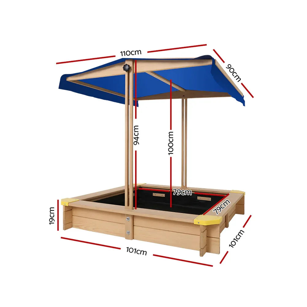 Keezi Kids Sandpit Wooden Sandbox Sand Pit with Canopy Bench Seat Toys 101cm - Mekamart Australia