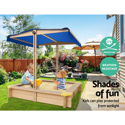 Keezi Kids Sandpit Wooden Sandbox Sand Pit with Canopy Bench Seat Toys 101cm - Mekamart Australia