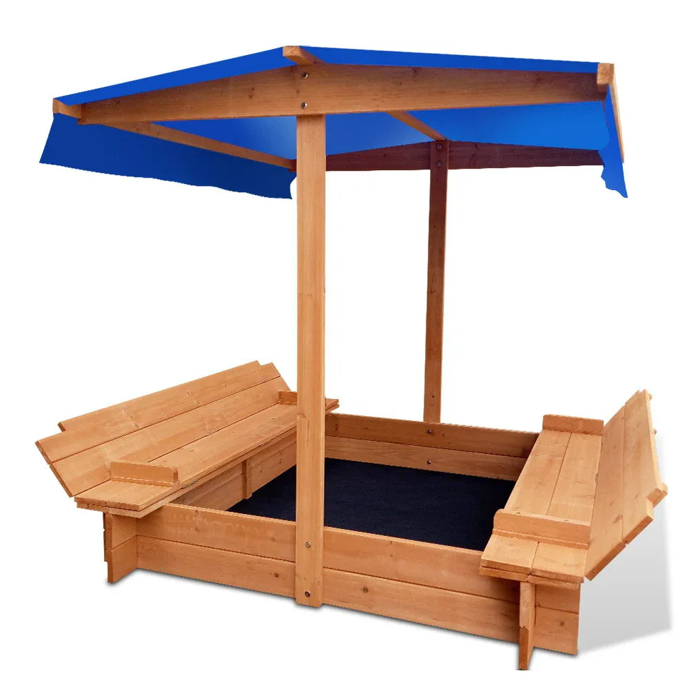 Keezi Kids Sandpit Wooden Sandbox Sand Pit with Canopy Foldable Seat Toys 120cm - Mekamart Australia