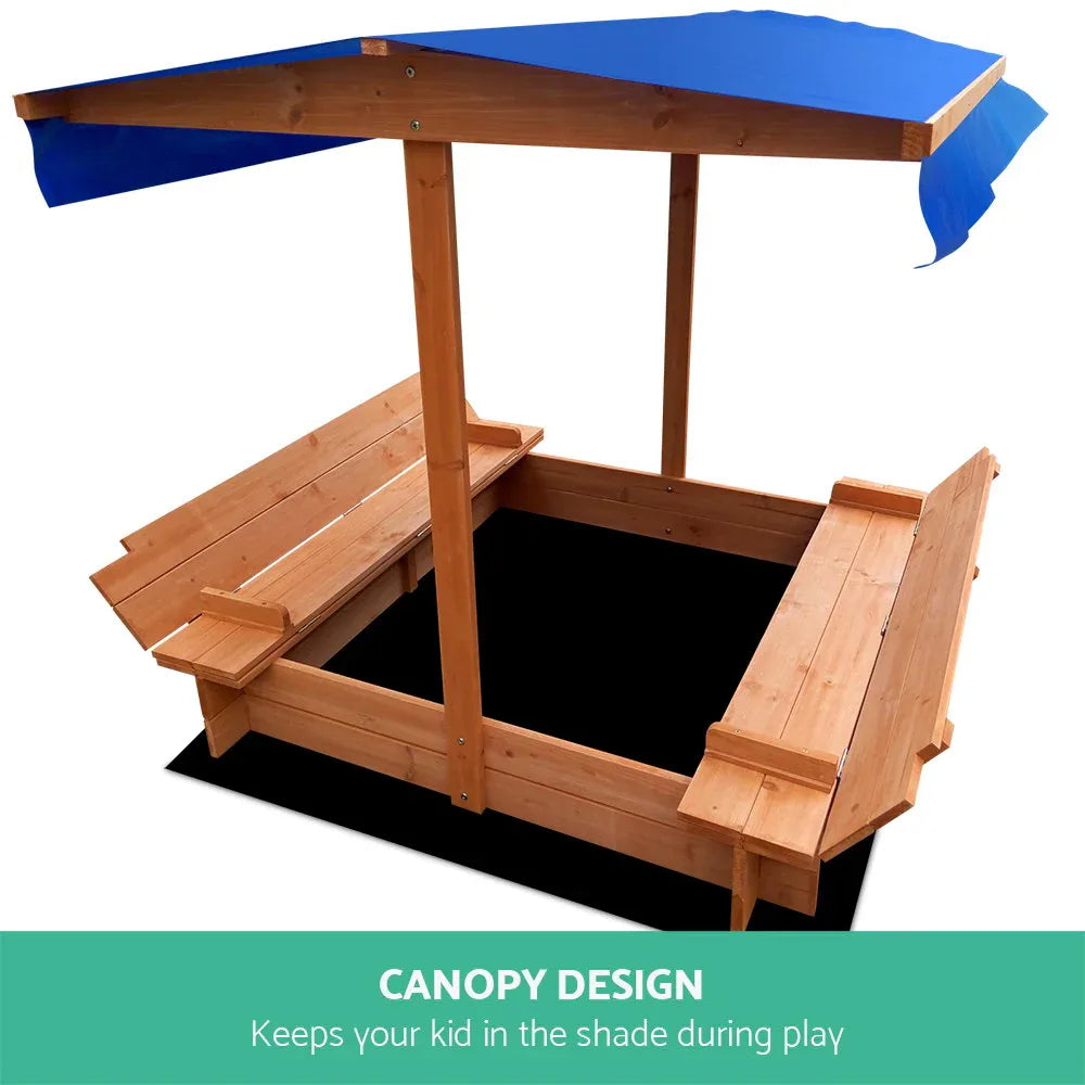 Keezi Kids Sandpit Wooden Sandbox Sand Pit with Canopy Foldable Seat Toys 120cm - Mekamart Australia