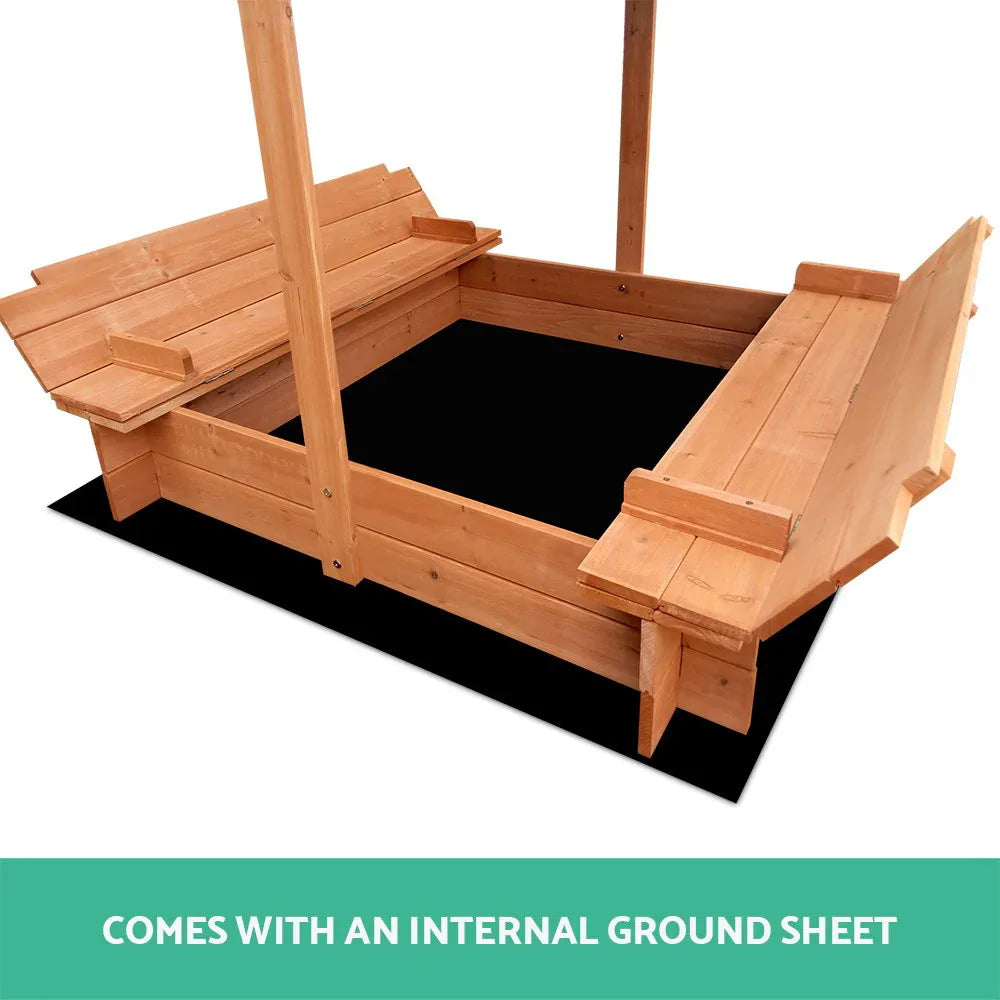 Keezi Kids Sandpit Wooden Sandbox Sand Pit with Canopy Foldable Seat Toys 120cm - Mekamart Australia