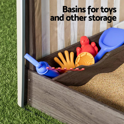 Keezi Kids Sandpit Wooden Sandbox Sand Pit with Canopy Window Water Basin 120cm - Mekamart Australia