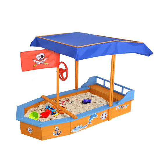 Keezi Kids Sandpit Wooden Boat Sand Pit with Canopy Bench Seat Beach Toys 150cm - Mekamart Australia