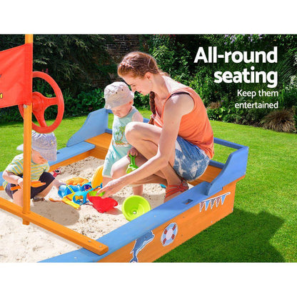 Keezi Kids Sandpit Wooden Boat Sand Pit with Canopy Bench Seat Beach Toys 150cm - Mekamart Australia