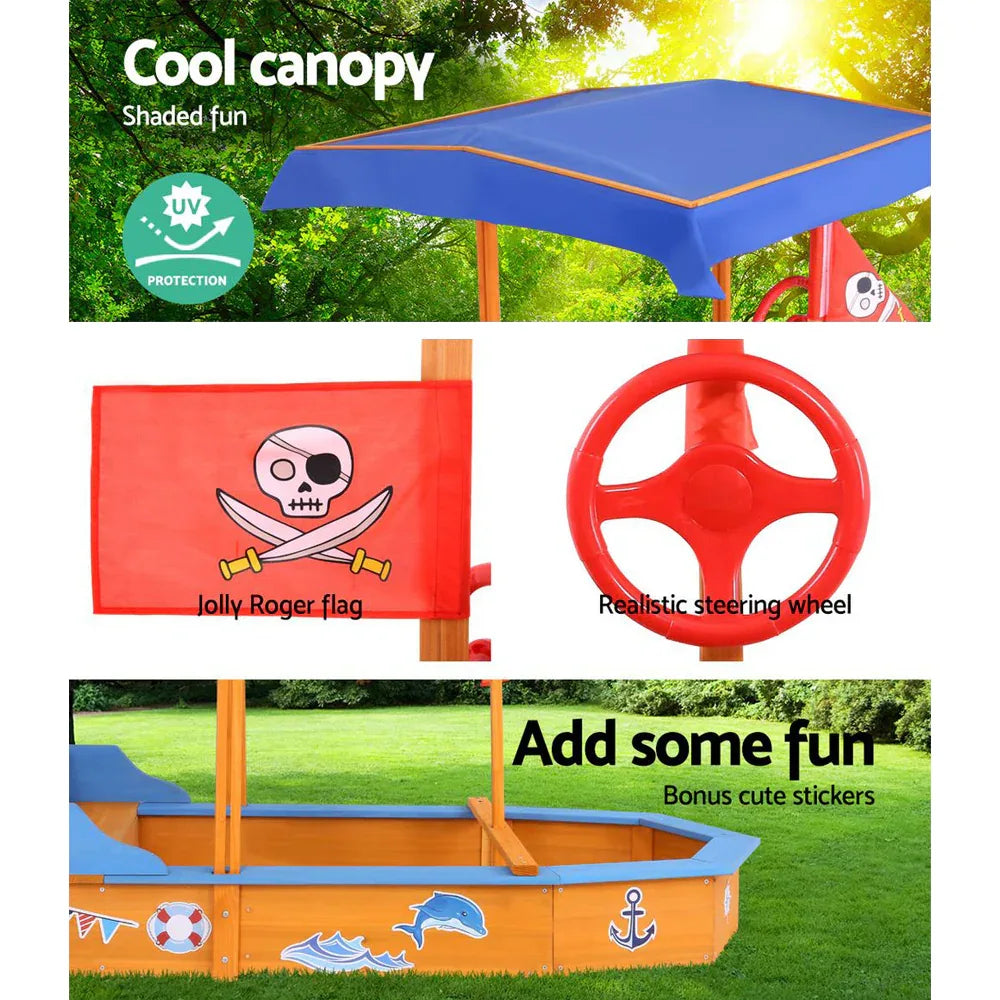 Keezi Kids Sandpit Wooden Boat Sand Pit with Canopy Bench Seat Beach Toys 150cm - Mekamart Australia