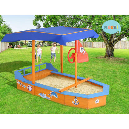 Keezi Kids Sandpit Wooden Boat Sand Pit with Canopy Bench Seat Beach Toys 150cm - Mekamart Australia