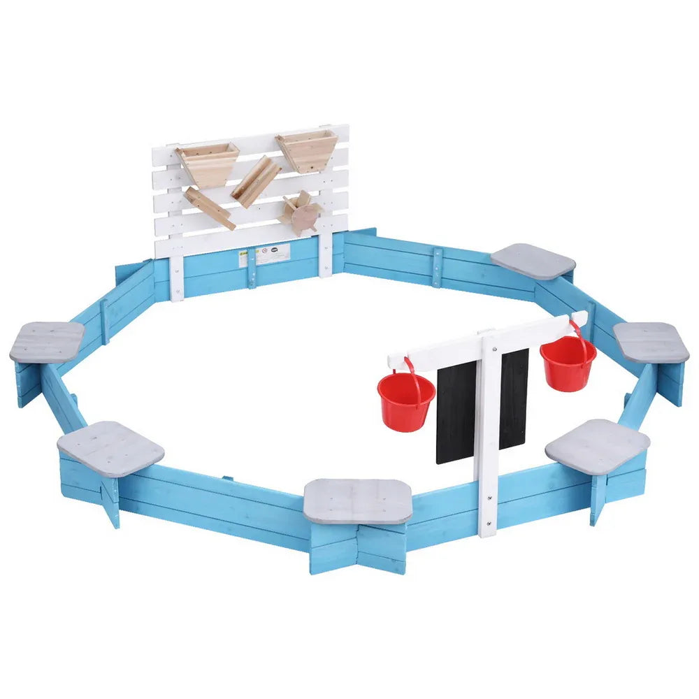 Keezi Kids Sandpit Wooden Round Sand Pit with Cover Funnel Bench Seat Beach Toys 215cm - Mekamart Australia