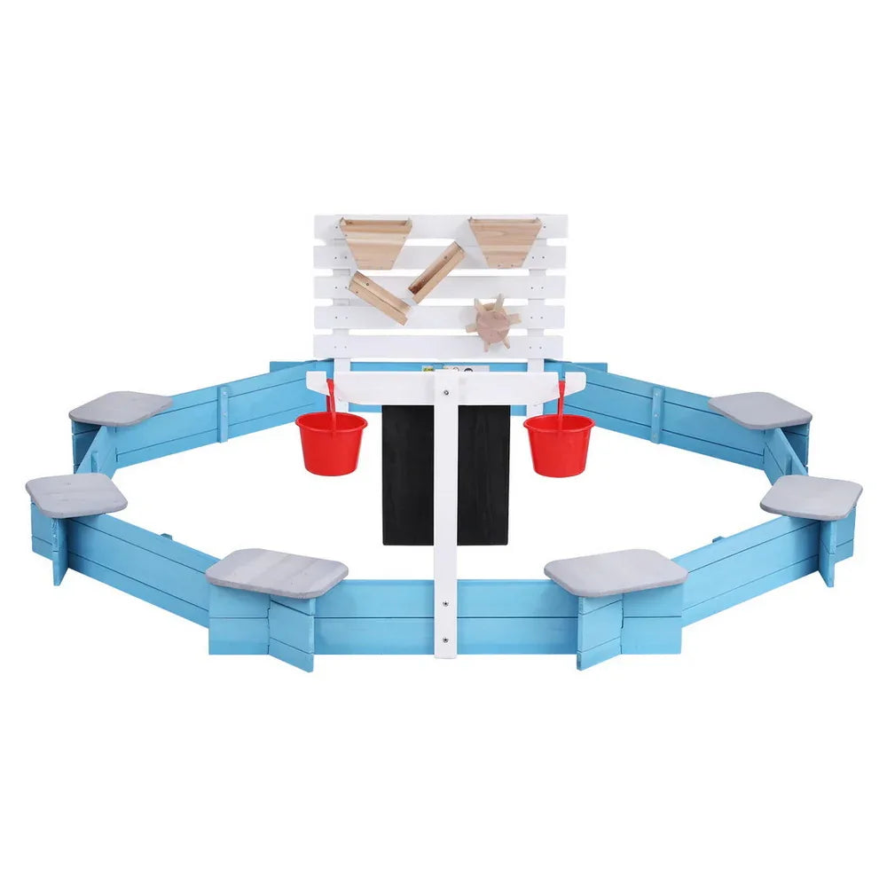 Keezi Kids Sandpit Wooden Round Sand Pit with Cover Funnel Bench Seat Beach Toys 215cm - Mekamart Australia