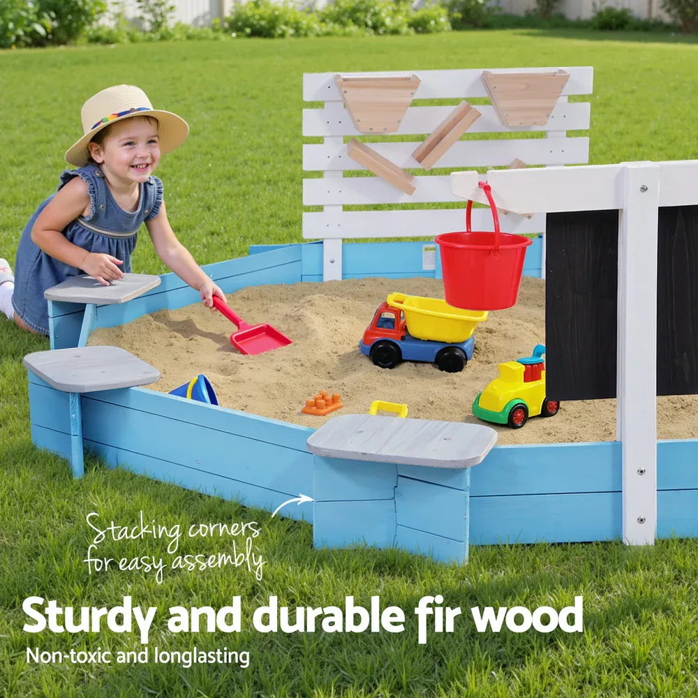 Keezi Kids Sandpit Wooden Round Sand Pit with Cover Funnel Bench Seat Beach Toys 215cm - Mekamart Australia