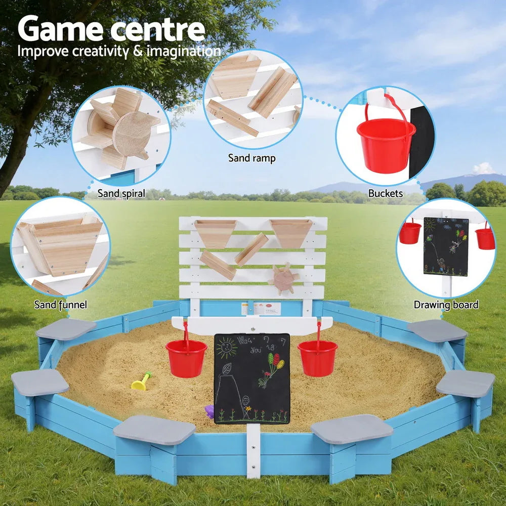 Keezi Kids Sandpit Wooden Round Sand Pit with Cover Funnel Bench Seat Beach Toys 215cm - Mekamart Australia