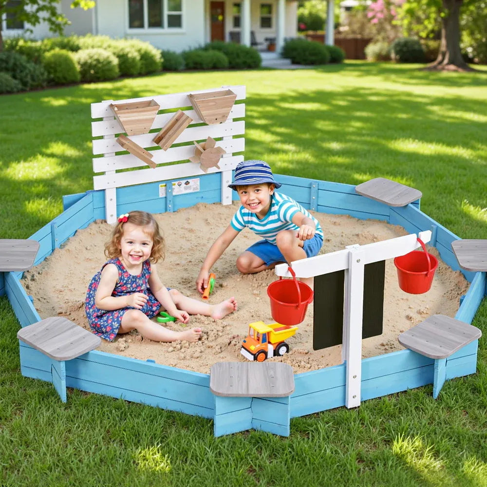 Keezi Kids Sandpit Wooden Round Sand Pit with Cover Funnel Bench Seat Beach Toys 215cm - Mekamart Australia