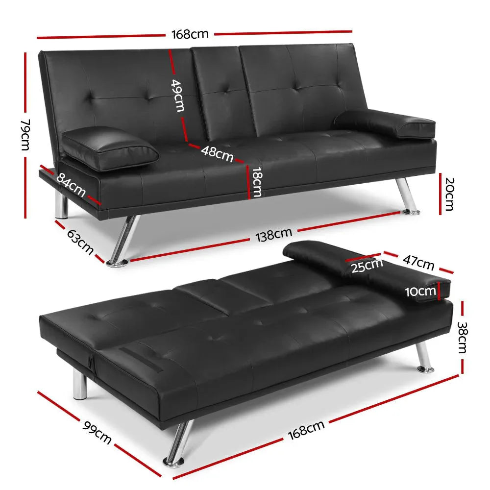 Artiss Sofa Bed 168CM Black PU Leather - Mekamart Australia