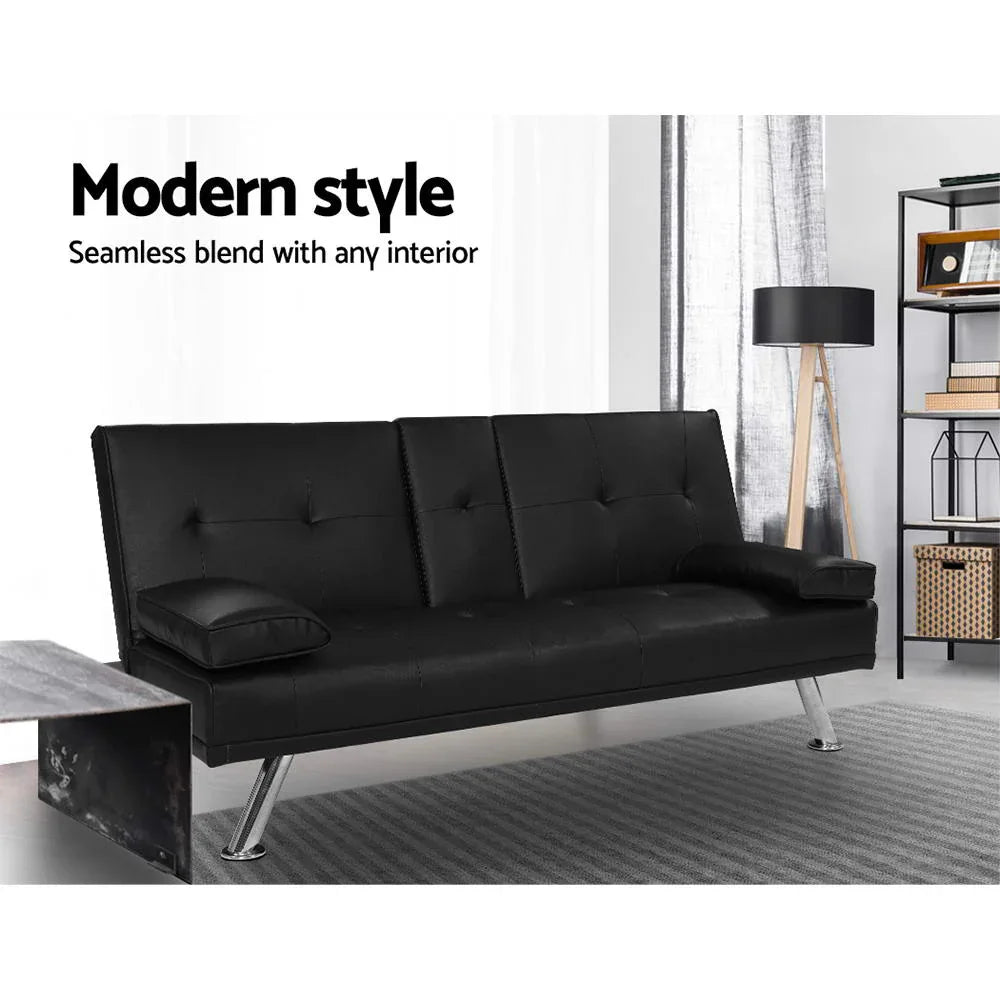 Artiss Sofa Bed 168CM Black PU Leather - Mekamart Australia