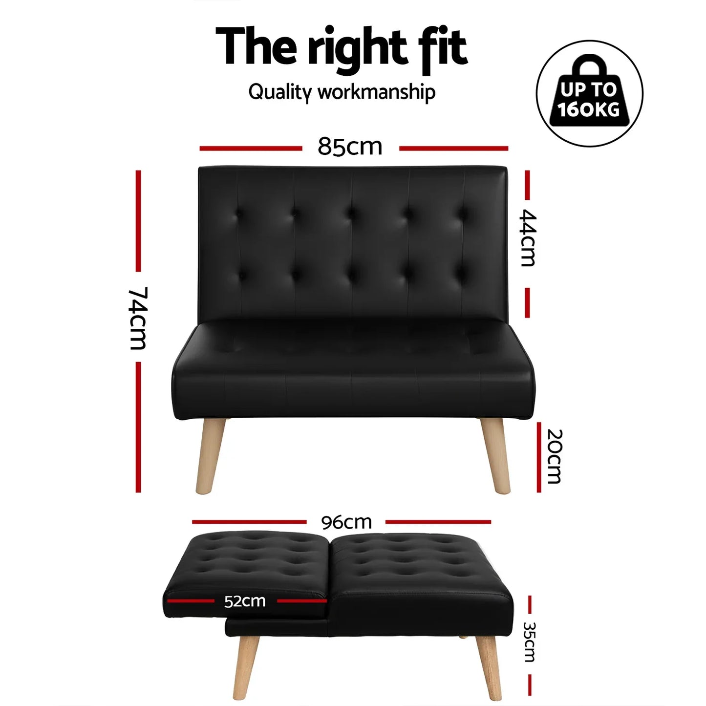 Artiss Sofa Bed Couch 1 Seater Lounge Fabric Black - Mekamart Australia