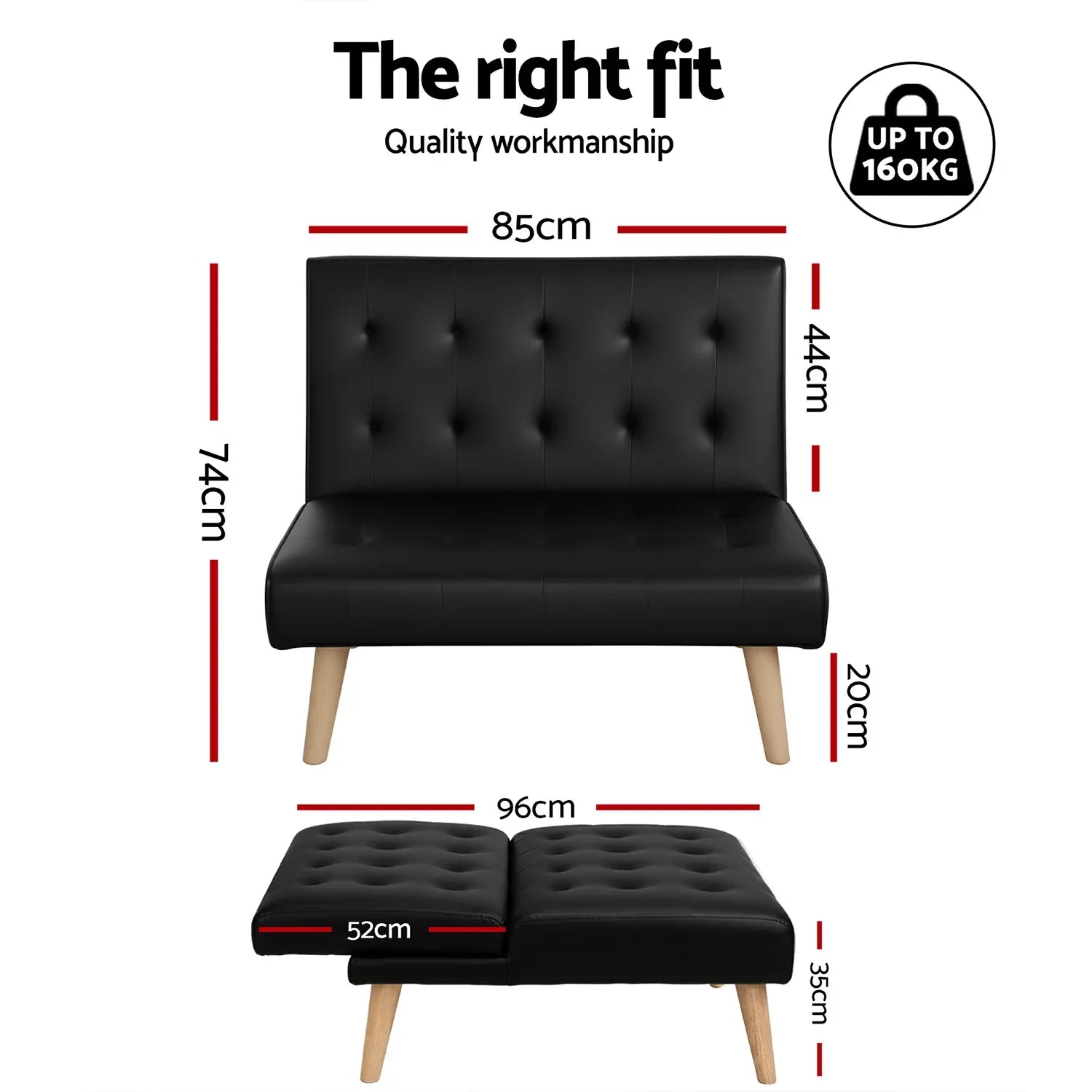 Artiss Sofa Bed Couch 1 Seater Lounge Fabric Black - Mekamart Australia
