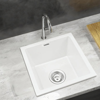 Cefito Kitchen Sink 38x38cm Granite Stone Sink Single Bowl White - Mekamart Australia
