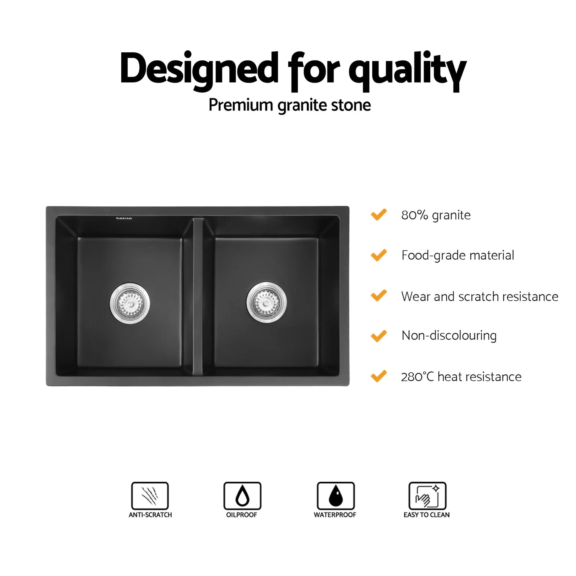 Cefito Kitchen Sink 77x45cm Granite Stone Sink Double Bowl Black - Mekamart Australia