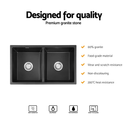 Cefito Kitchen Sink 77x45cm Granite Stone Sink Double Bowl Black - Mekamart Australia
