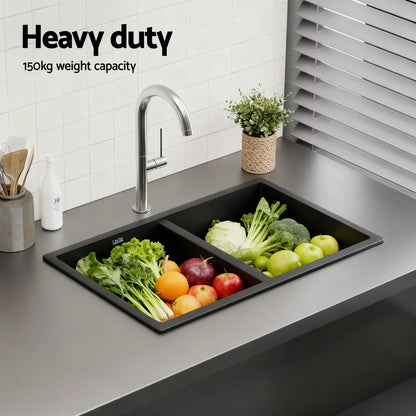 Cefito Kitchen Sink 77x45cm Granite Stone Sink Double Bowl Black - Mekamart Australia