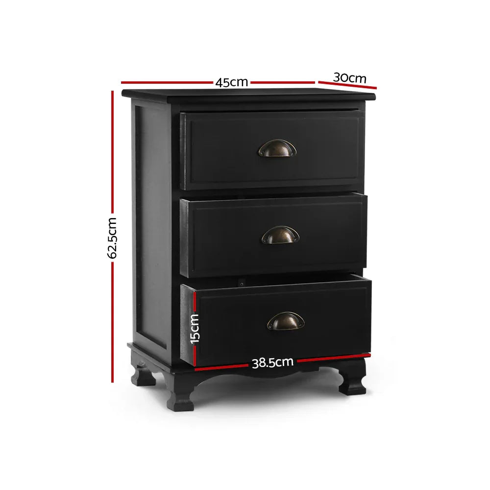 Artiss Bedside Table 3 Drawers Vintage - THYME Black - Mekamart Australia