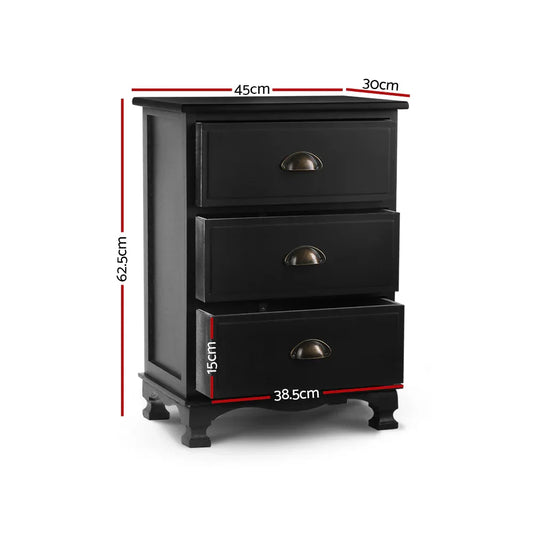 Artiss Bedside Table 3 Drawers Vintage - THYME Black - Mekamart Australia