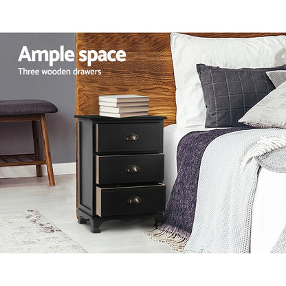 Artiss Bedside Table 3 Drawers Vintage - THYME Black - Mekamart Australia