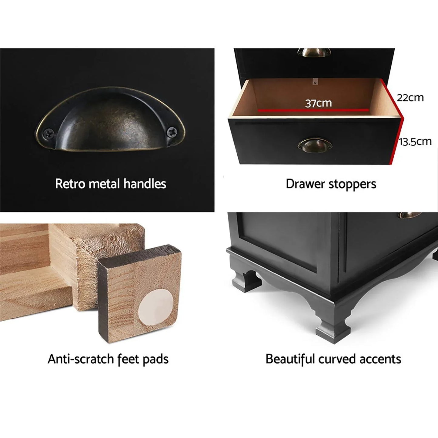 Artiss 2x Bedside Table 3 Drawers Vintage - THYME Black - Mekamart Australia