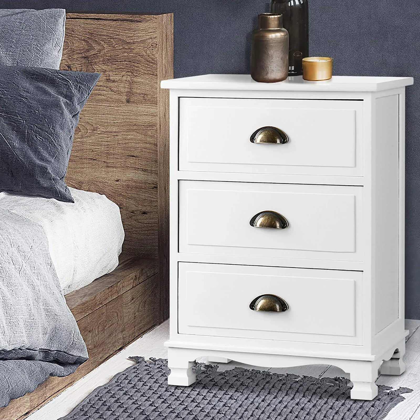 Artiss 2x Bedside Table 3 Drawers Vintage - THYME White - Mekamart Australia