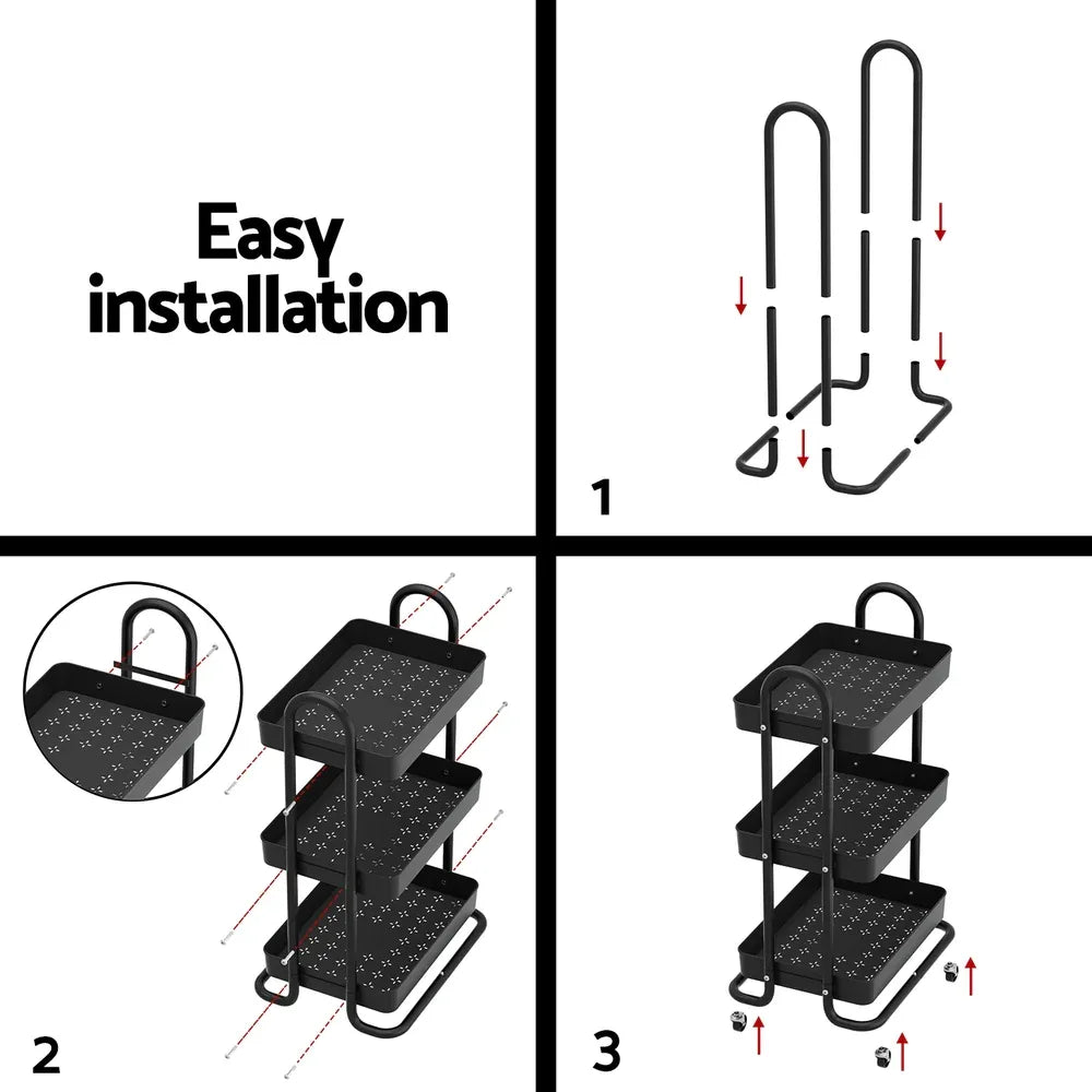 Artiss Storage Trolley Kitchen Cart 3 Tiers Rack Shelf Organiser Wheels Black - Mekamart Australia