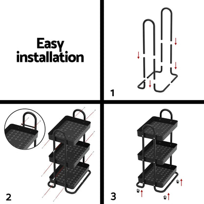 Artiss Storage Trolley Kitchen Cart 3 Tiers Rack Shelf Organiser Wheels Black - Mekamart Australia