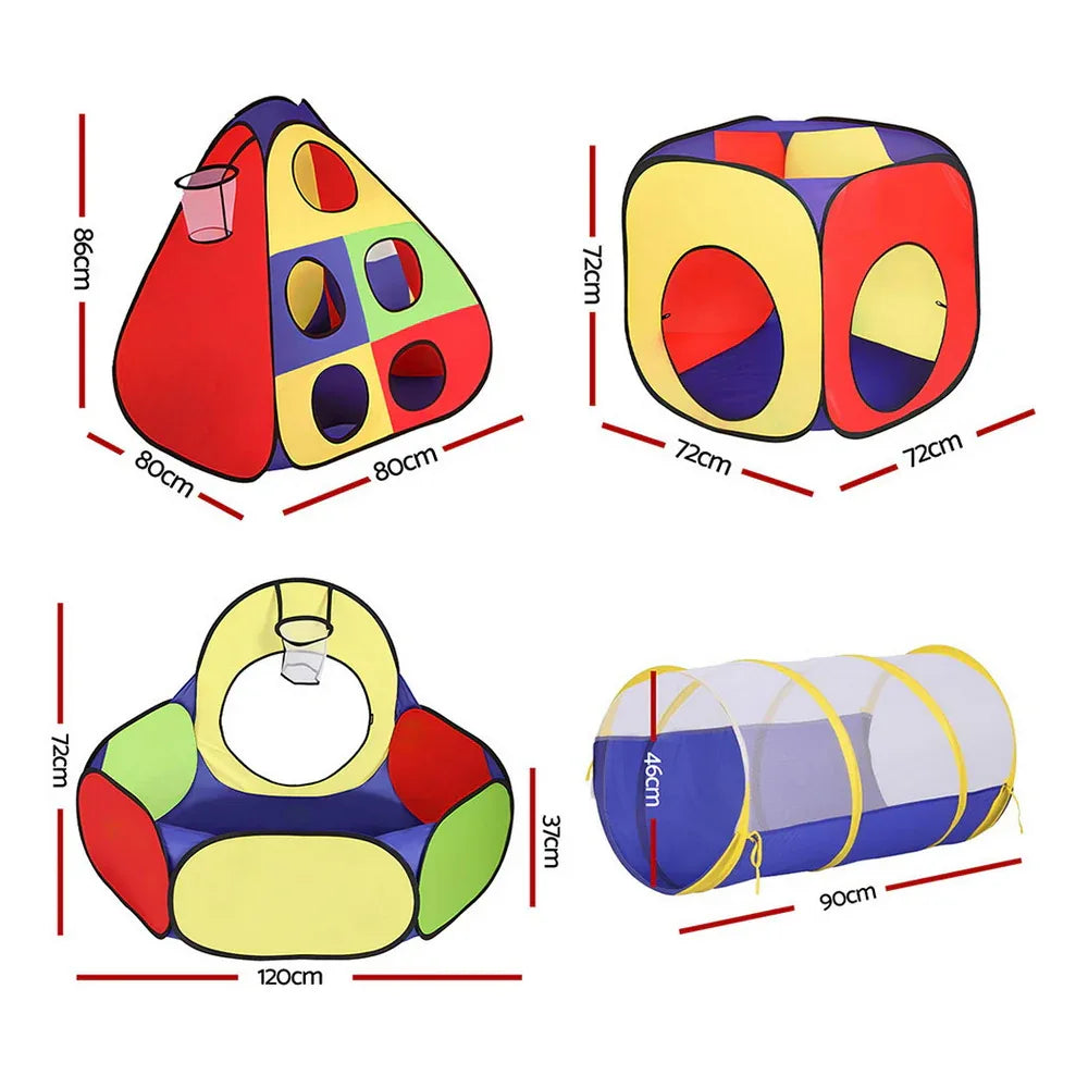 Keezi Kids Play Tent Pop Up Teepee Playhouse Ball Pit Crawl Tunnel Basketball Hoop - Mekamart Australia